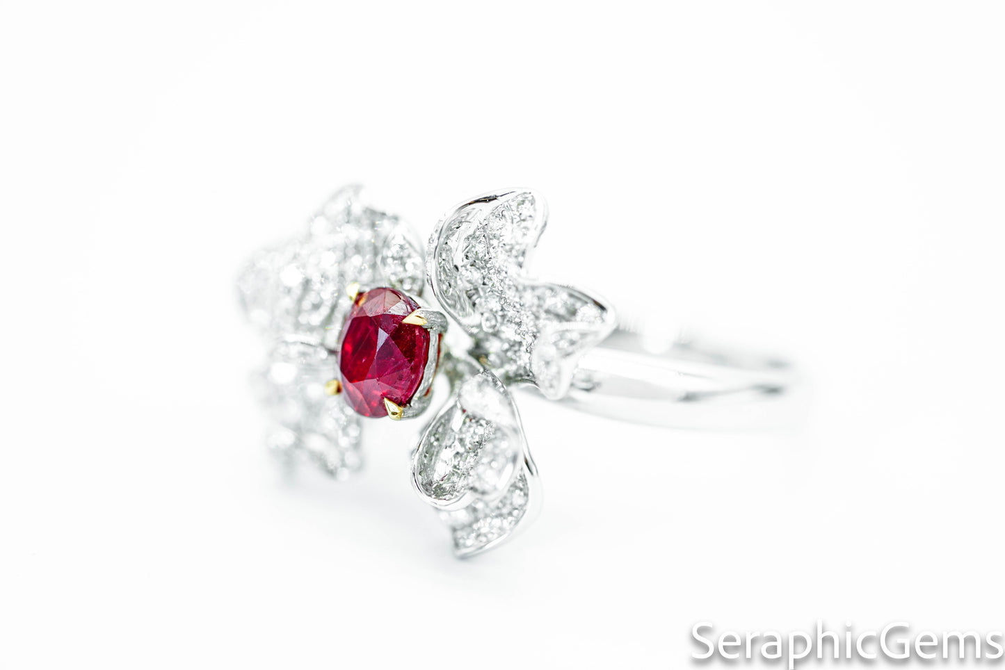 "Timeless Bloom: Petal-Shaped Untreated Ruby and Diamond Ring"