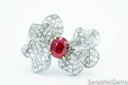 "Timeless Bloom: Petal-Shaped Untreated Ruby and Diamond Ring"