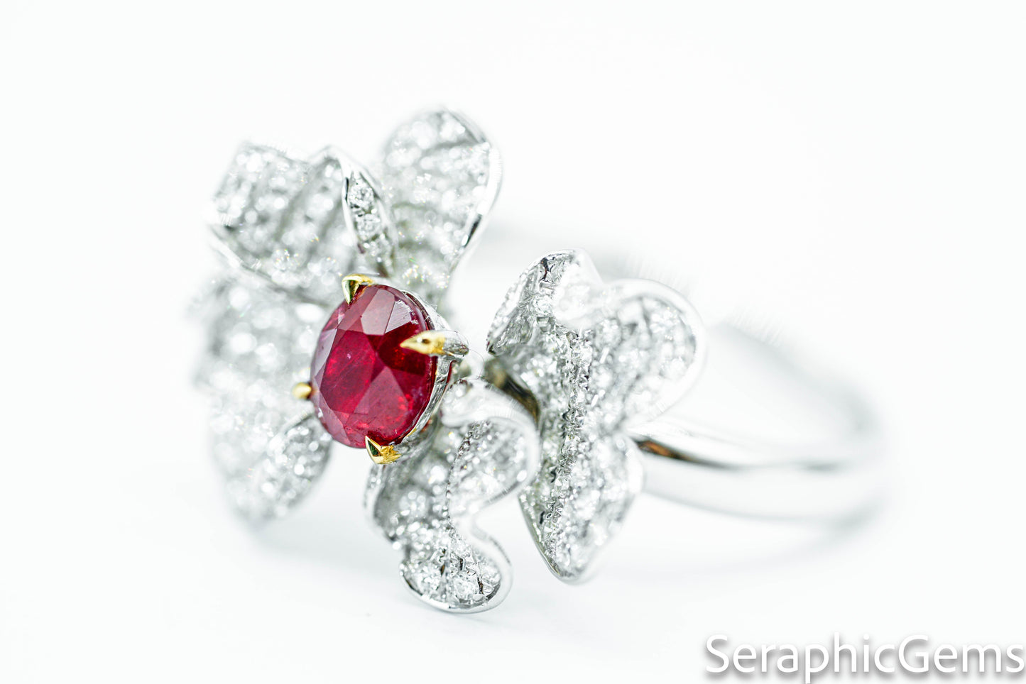 "Timeless Bloom: Petal-Shaped Untreated Ruby and Diamond Ring"