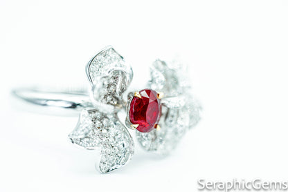 "Timeless Bloom: Petal-Shaped Untreated Ruby and Diamond Ring"