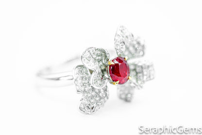 "Timeless Bloom: Petal-Shaped Untreated Ruby and Diamond Ring"
