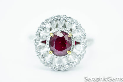 "Regal Radiance: Oval-Cut Ruby and Diamond Halo Ring"