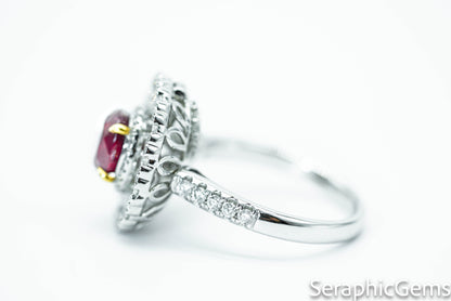 "Regal Radiance: Oval-Cut Ruby and Diamond Halo Ring"