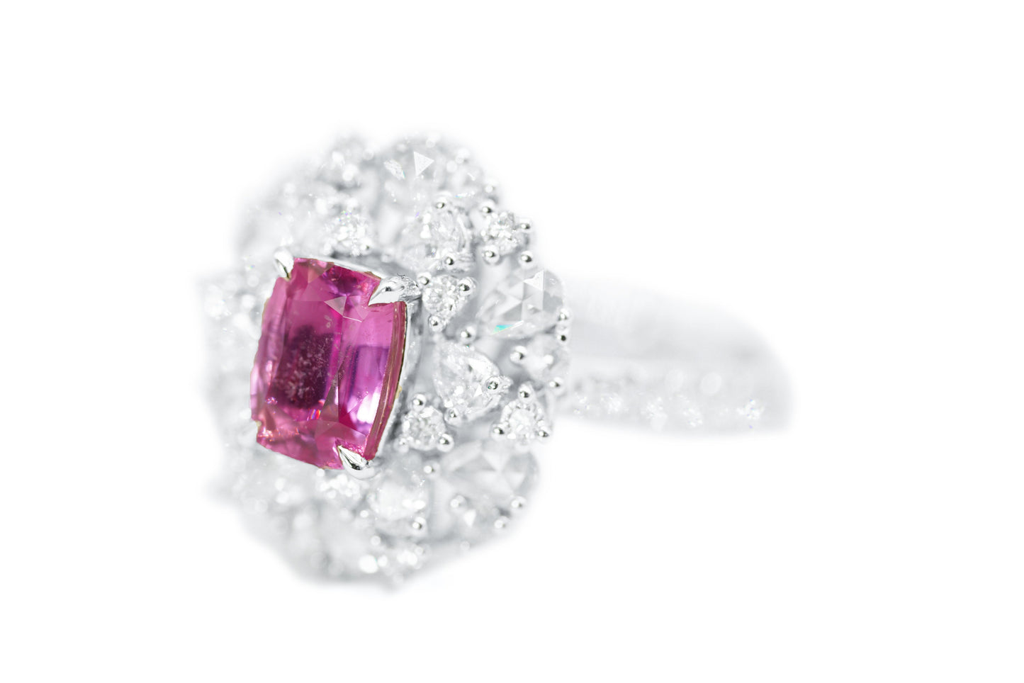 "Dreamy Elegance: Pinkish-Purple Sapphire and Diamond Halo Ring"