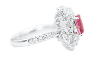 "Dreamy Elegance: Pinkish-Purple Sapphire and Diamond Halo Ring"